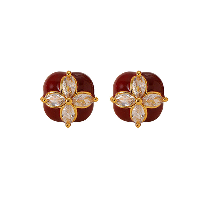 87-Elegant and noble retro four-leaf clover zircon red oil drop earrings