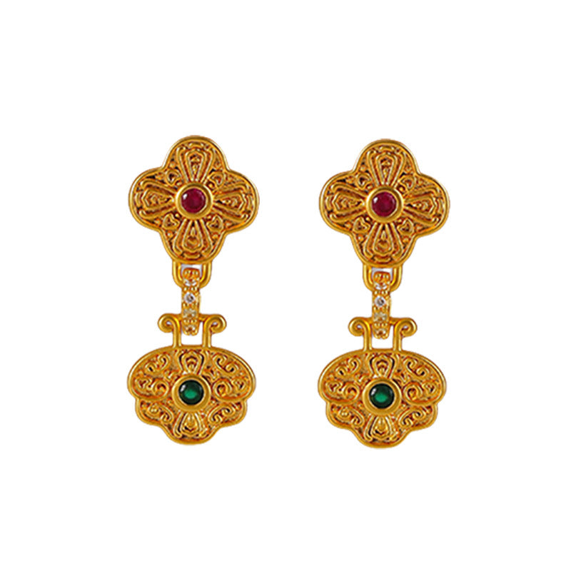 102-Chinese style retro four-leaf clover zircon earrings