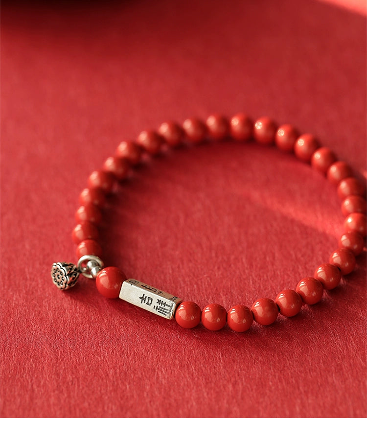 Retro New Chinese Style cinnabar red sand bracelet pure silver Ruyi lotus bracelet