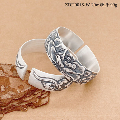 Chinese style peony wide silver bracelet