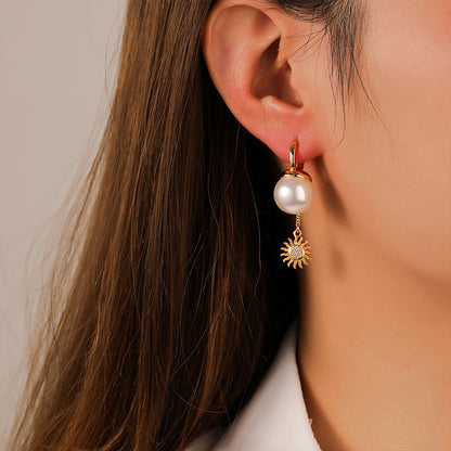 114-High-end sunflower pearl tassel retro earrings