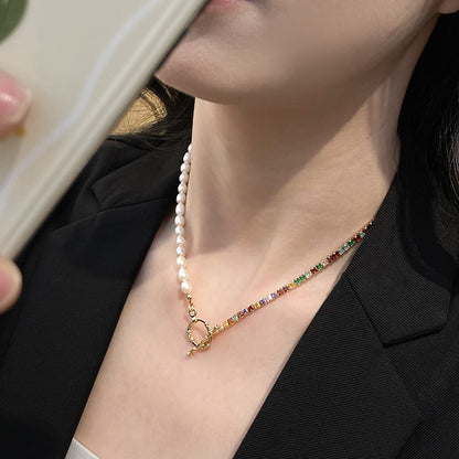 8-Women's fashionable all-match ot buckle colorful zircon natural freshwater pearl necklace