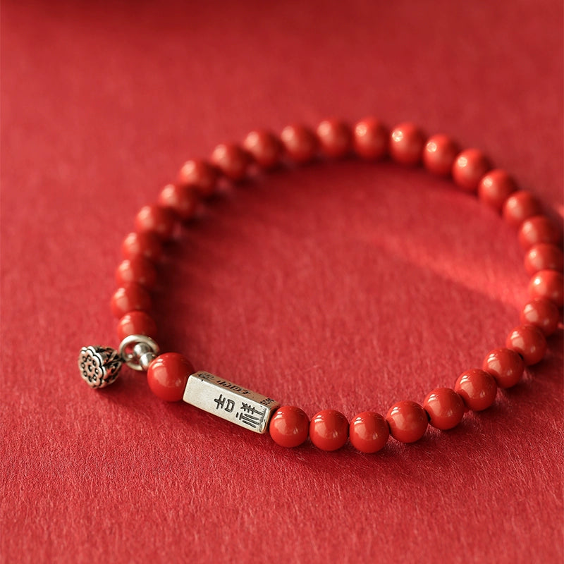 Retro New Chinese Style Cinnabar Red Sand Bracelet Pure Silver Ruyi Lotus Bracelet Women's