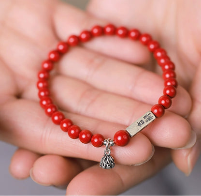 Retro New Chinese Style Cinnabar Red Sand Bracelet Pure Silver Ruyi Lotus Bracelet Women's