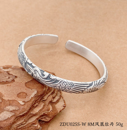 Chinese Phoenix Flower Sterling Silver Bracelet