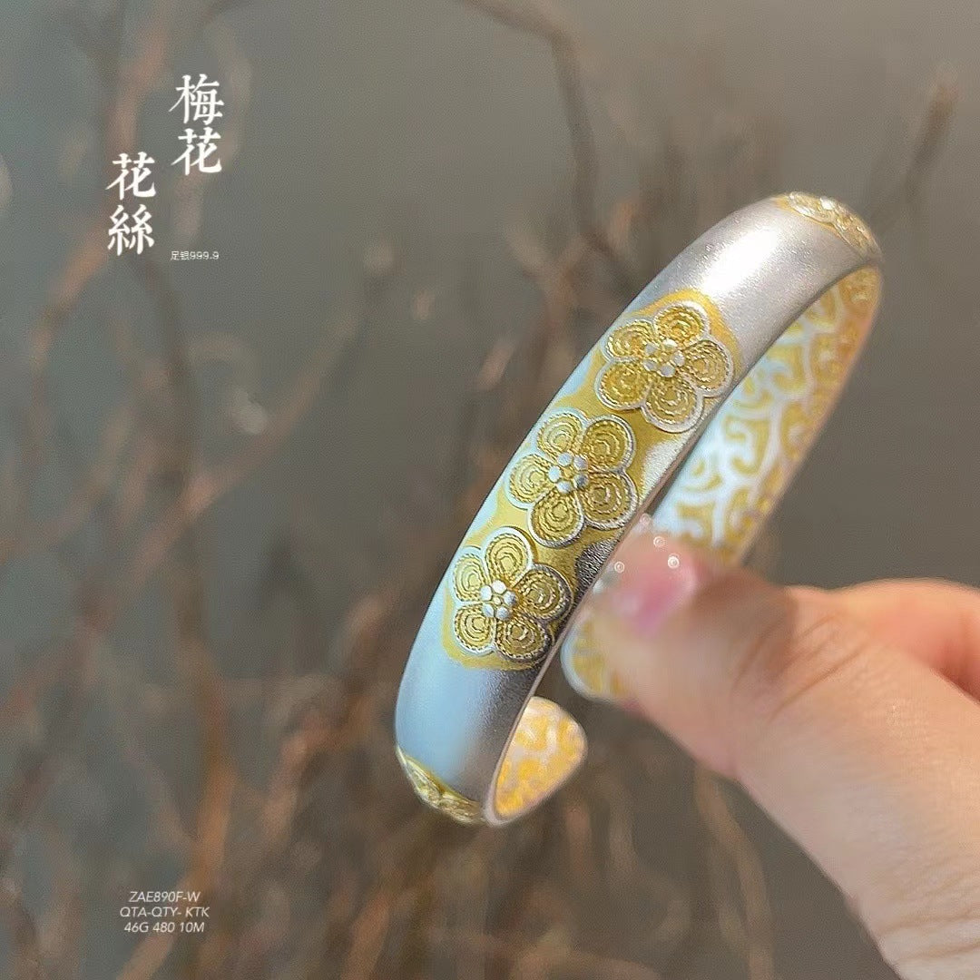 Chinese style gold-painted plum blossom sterling silver bracelet