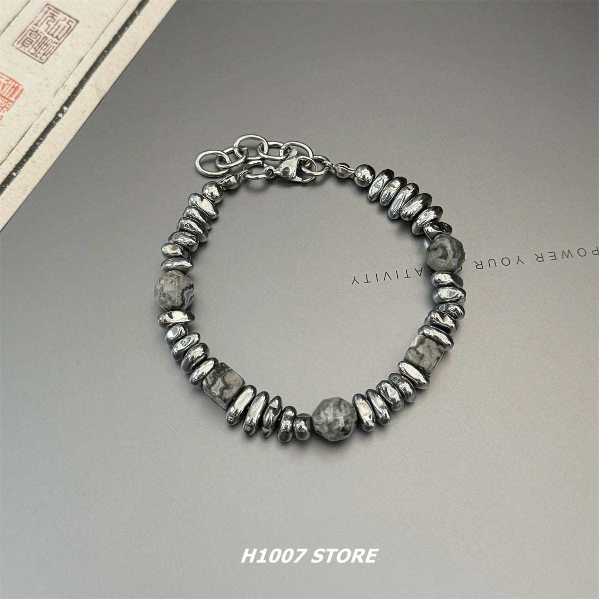 Retro cold style natural stone broken silver beaded men's bracelet couple model