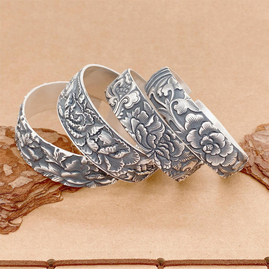 Vintage handmade floral plant bracelet lotus peony wide bracelet for women