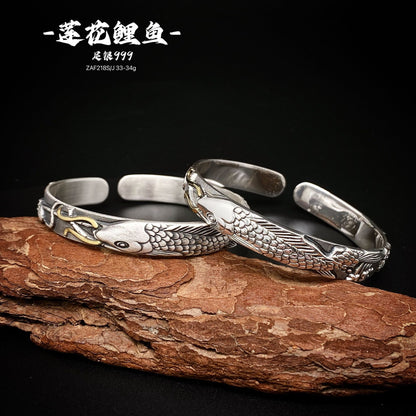 Chinese style relief carp pixiu sterling silver bracelet