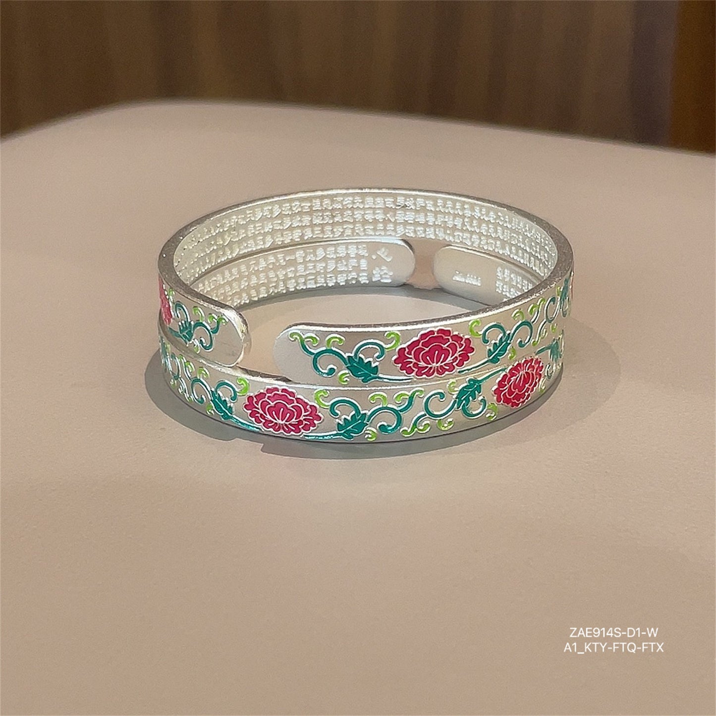 Chinese enamel flower heart sterling silver bracelet