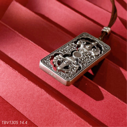 Chinese style leather cord filigree square sterling silver pendant