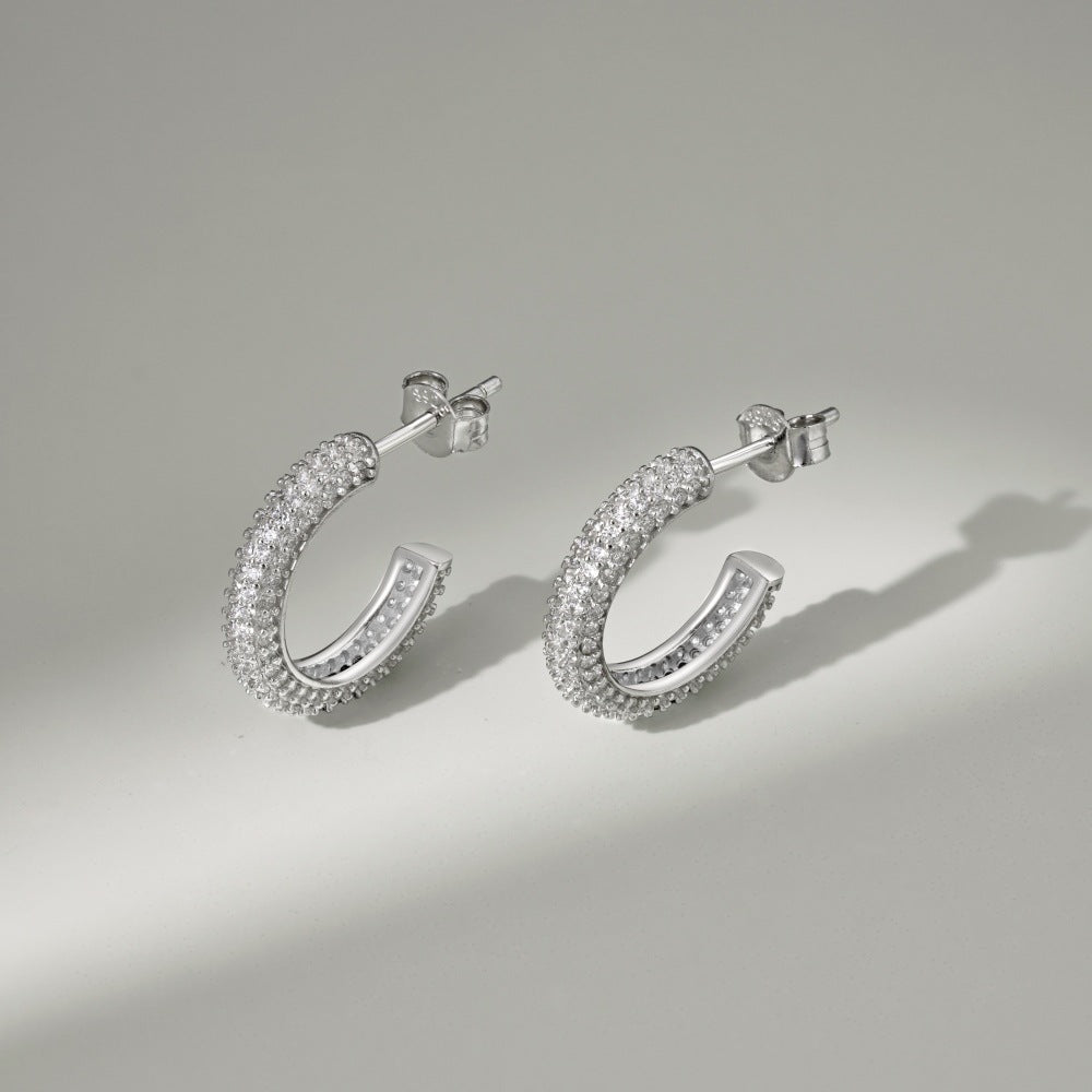 Fashionable and simple sterling silver zircon half hoop earrings