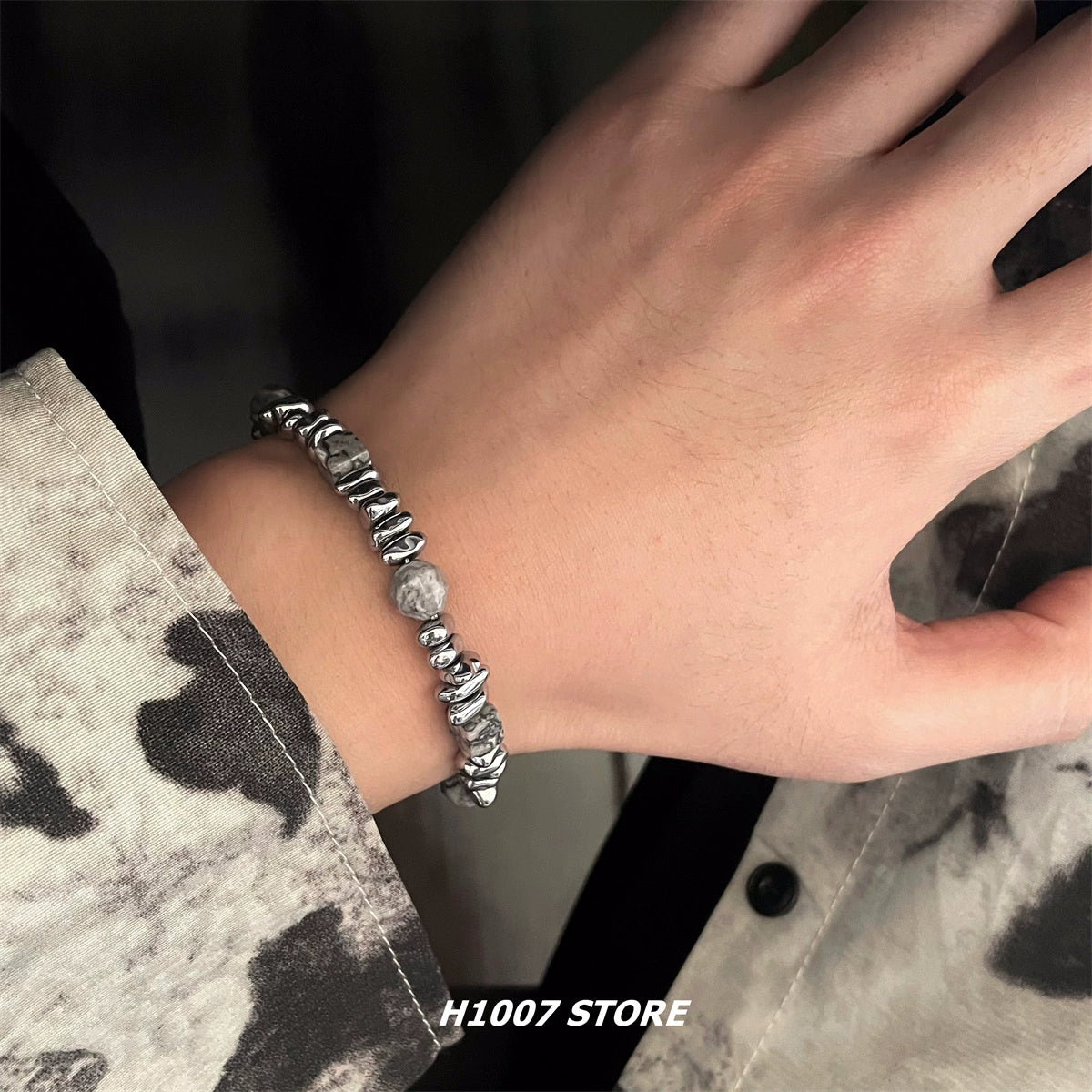 Retro cold style natural stone broken silver beaded men's bracelet couple model