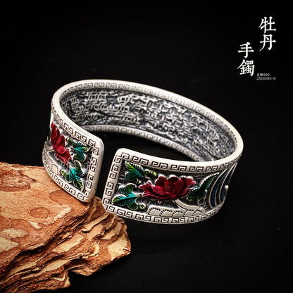 Chinese Peony Sterling Silver Bracelet