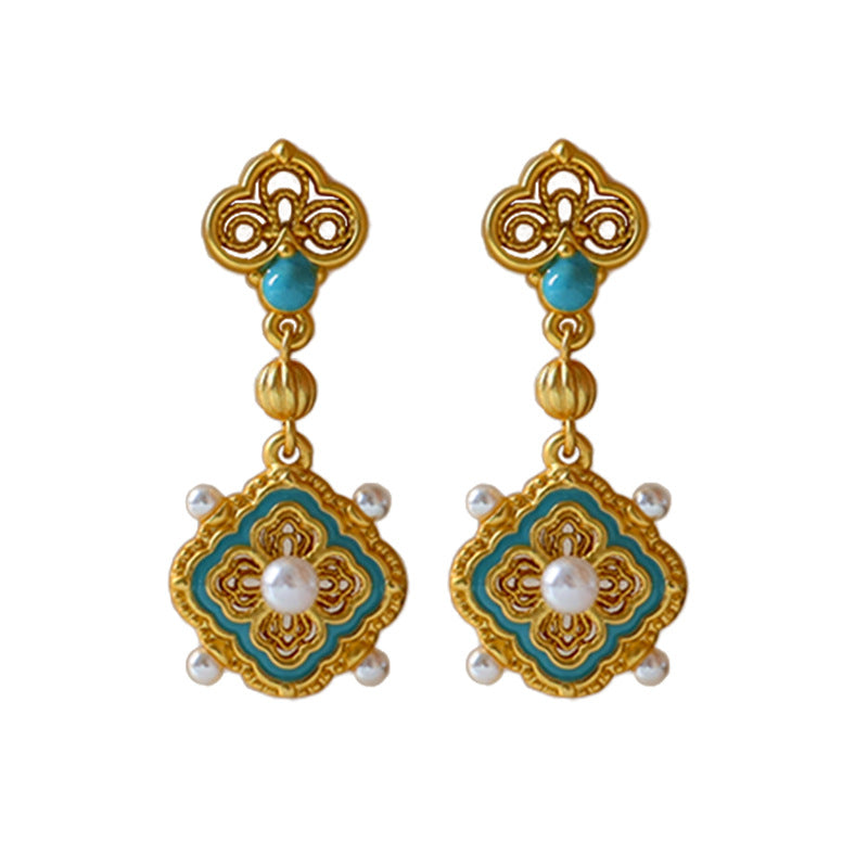 57-High-end Chinese ancient style four-leaf clover pearl earrings