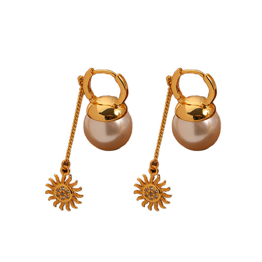 114-High-end sunflower pearl tassel retro earrings