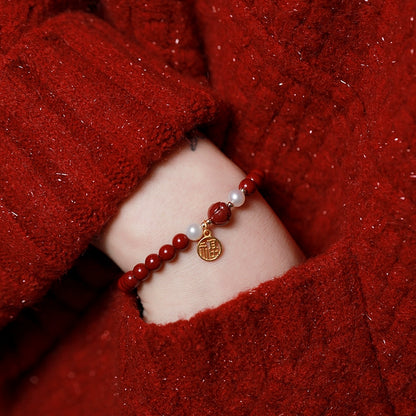 Retro Chinese style cinnabar pearl lotus bracelet