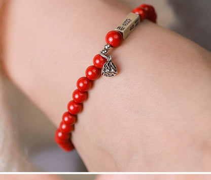 Retro New Chinese Style Cinnabar Red Sand Bracelet Pure Silver Ruyi Lotus Bracelet Women's