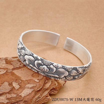 Chinese style lotus leaf peony lotus sterling silver bracelet