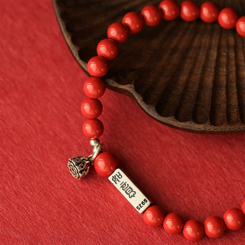 Retro New Chinese Style cinnabar red sand bracelet pure silver Ruyi lotus bracelet