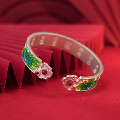 Chinese style enamel lotus leaf sterling silver bracelet