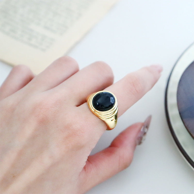 43-Simple retro fashion design black agate ring