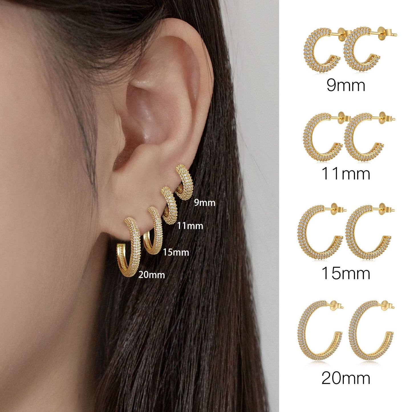 Fashionable and simple sterling silver zircon half hoop earrings