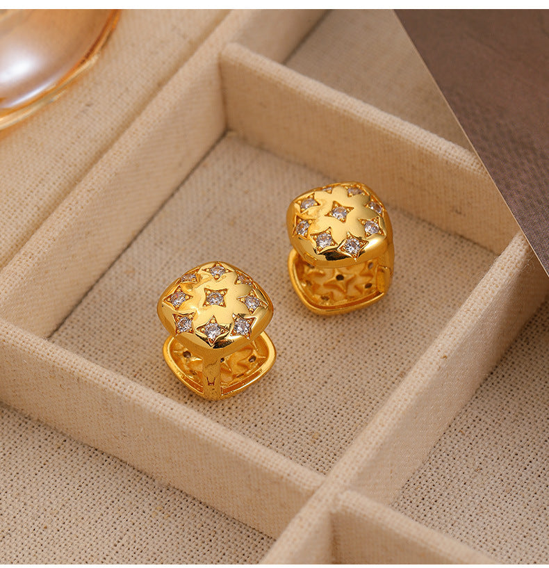 83-Simple retro three-dimensional square star zircon earrings