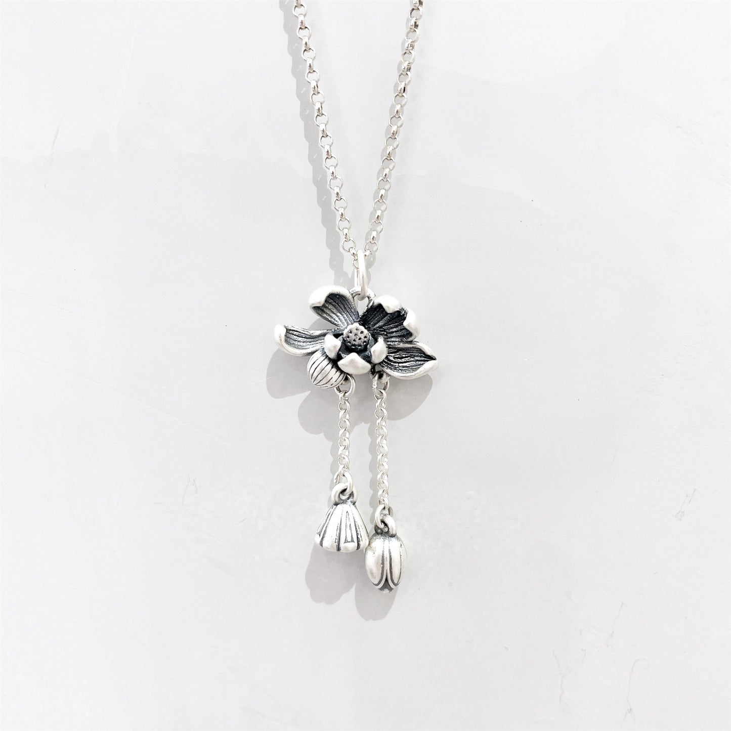 Chinese style lotus sterling silver pendant necklace