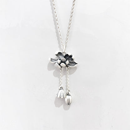 Chinese style lotus sterling silver pendant necklace