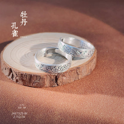 Chinese style peony heart scripture open ring