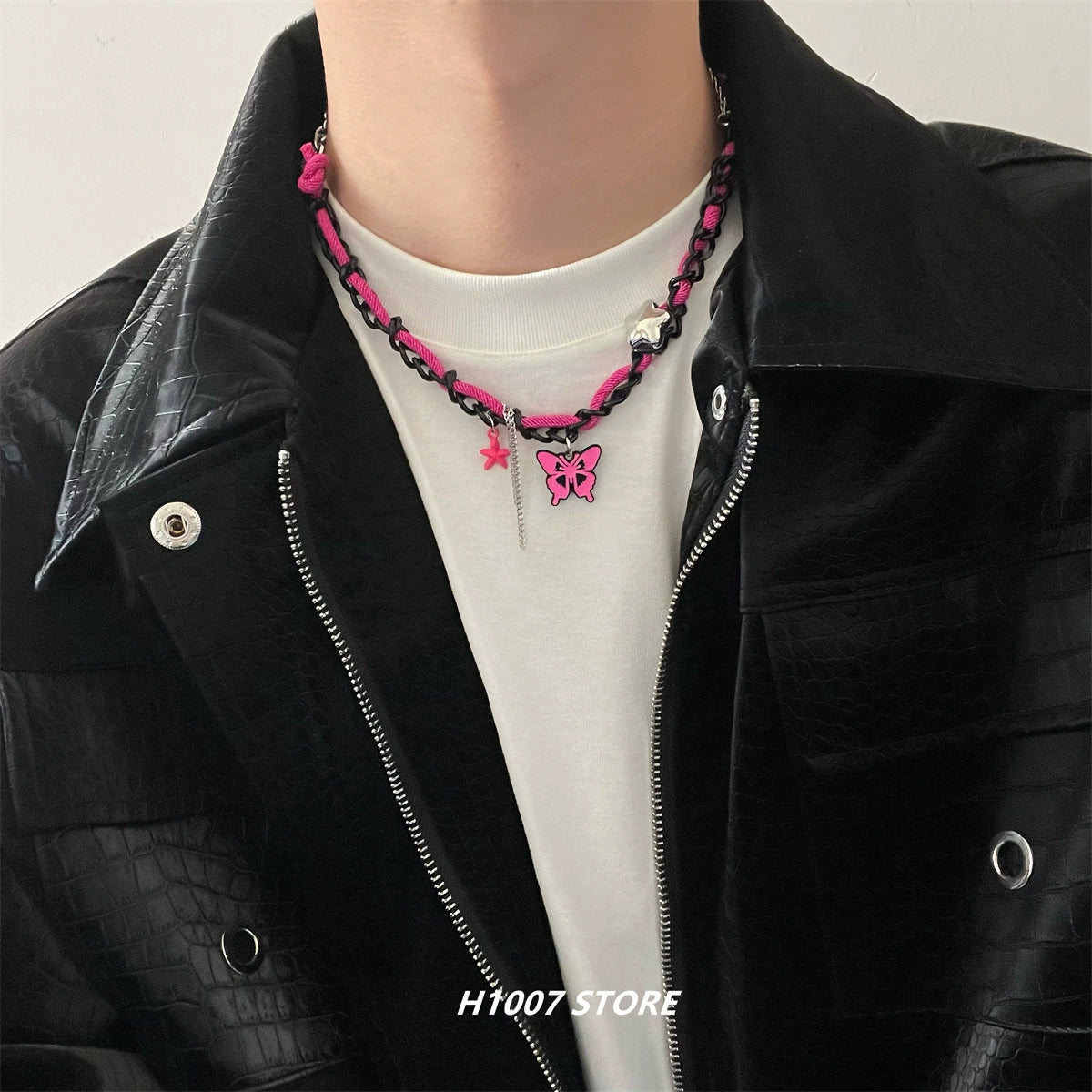 Fashion hip-hop pink butterfly stitching necklace