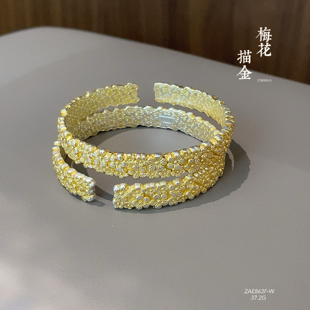 Chinese gold-painted three-dimensional plum blossom sterling silver bracelet