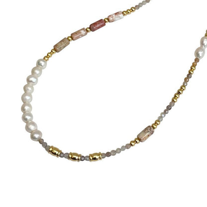 7-Simple colorful natural stone freshwater pearl beaded necklace for women