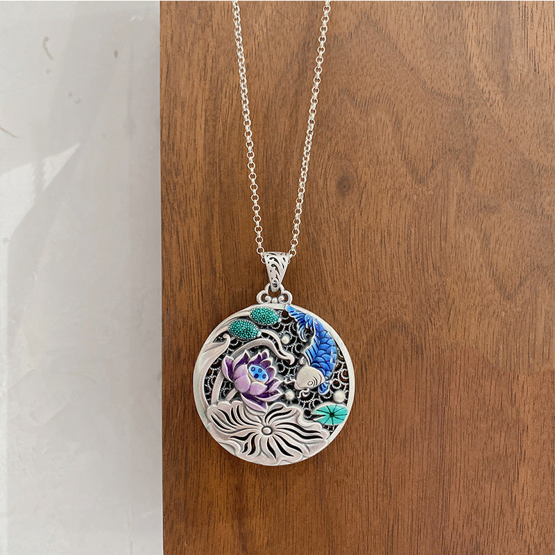 Chinese Colorful Lotus Sterling Silver Pendant