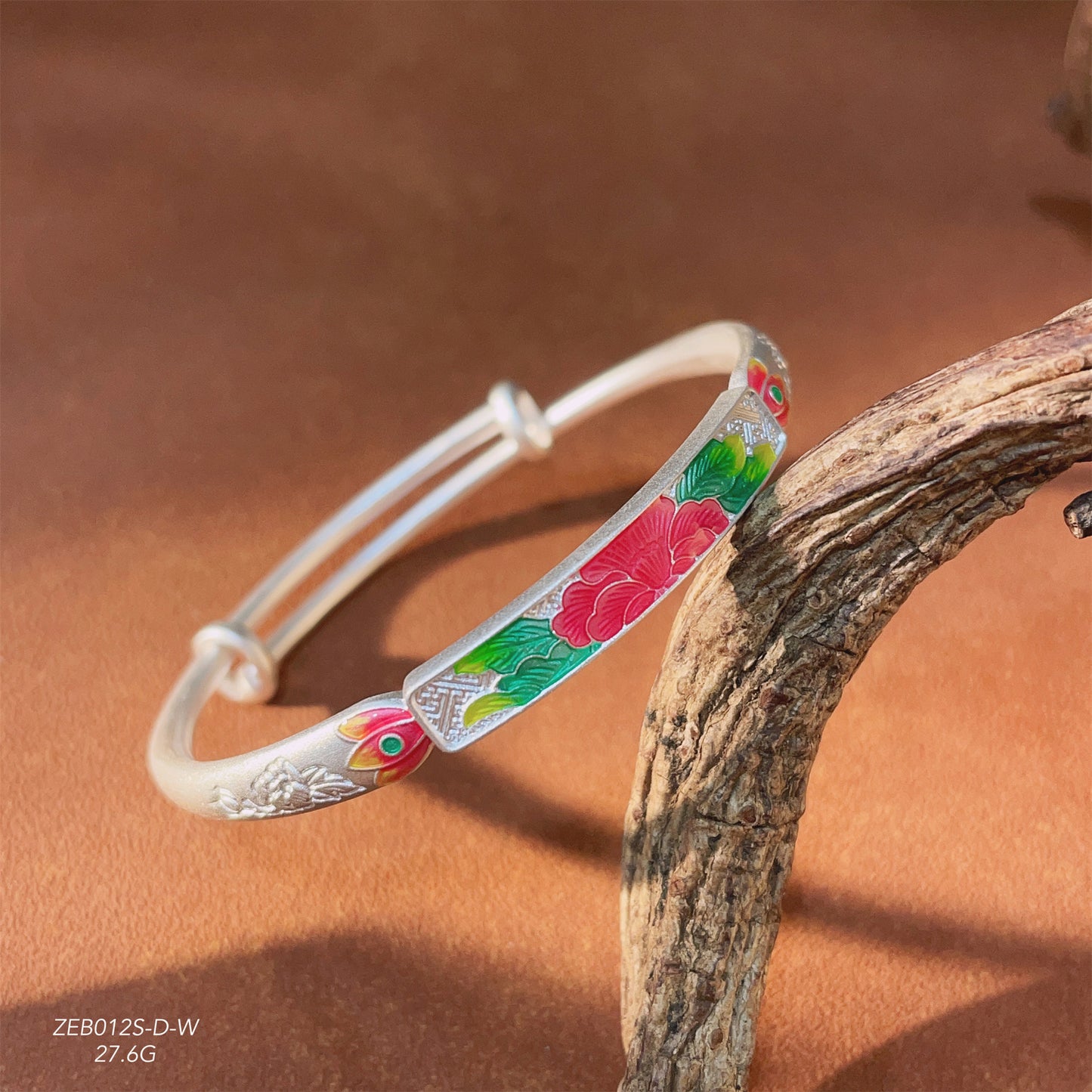 Ancient Peony Enamel Sterling Silver Bracelet