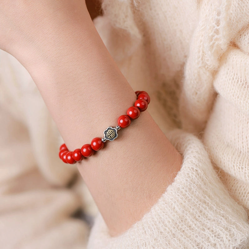 New Chinese style cinnabar red sand bracelet sterling silver blessing bracelet