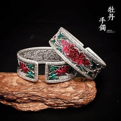 Chinese Peony Sterling Silver Bracelet