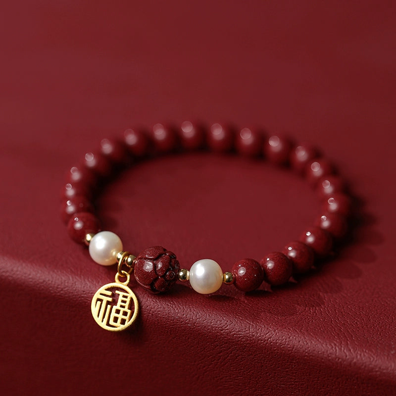 Retro Chinese style cinnabar pearl lotus bracelet