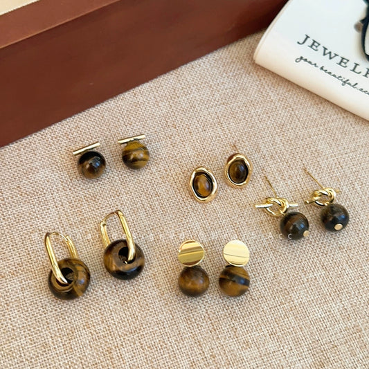 Vintage Round Tiger Eye Knot Earrings