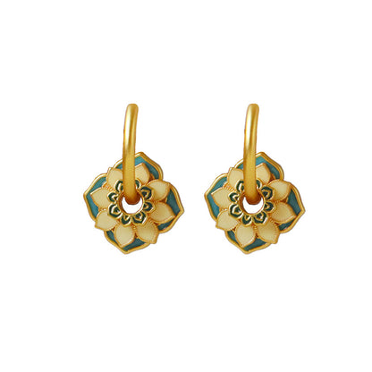 95-Oriental Ancient Style Oil Drop Enamel Summer Flower Earrings