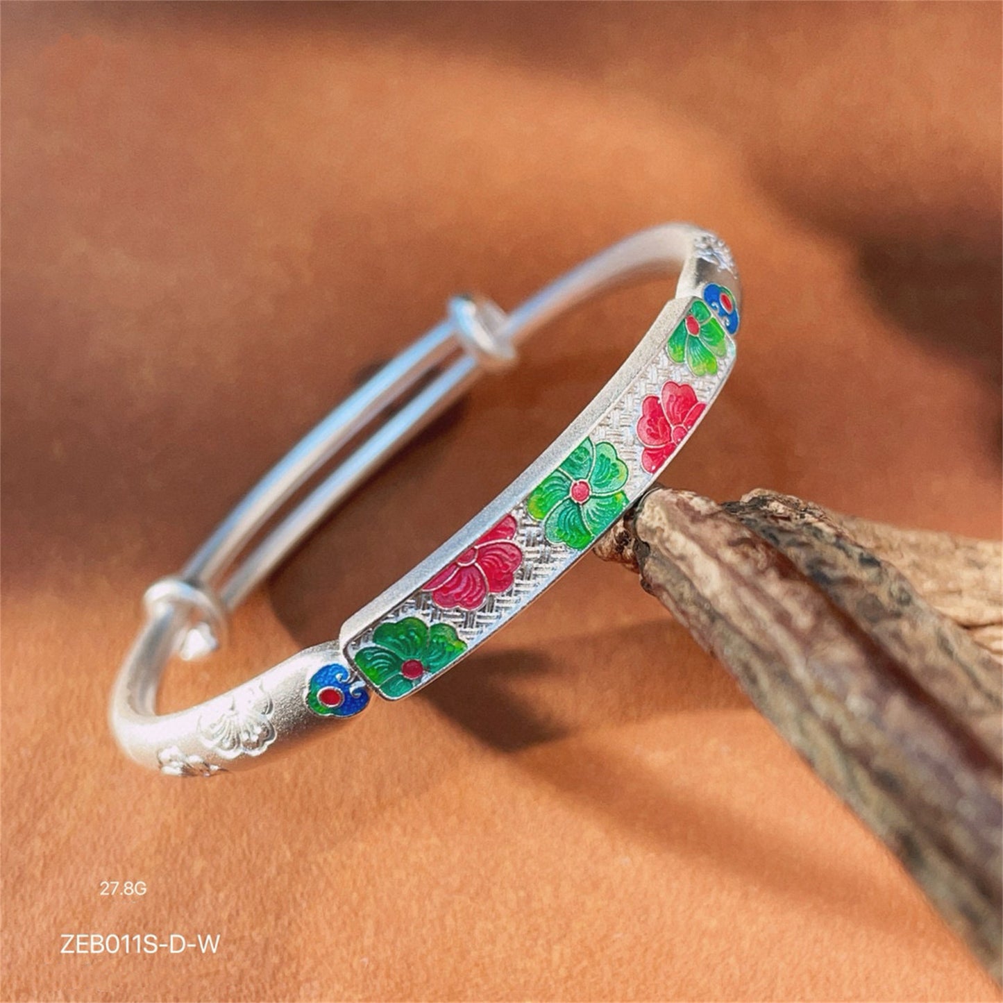 Ancient Peony Enamel Sterling Silver Bracelet