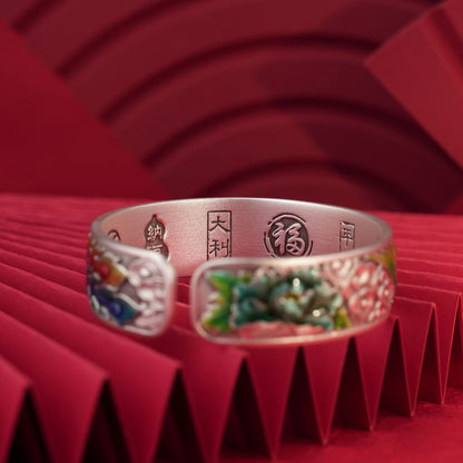 Chinese style enamel peony sterling silver bracelet