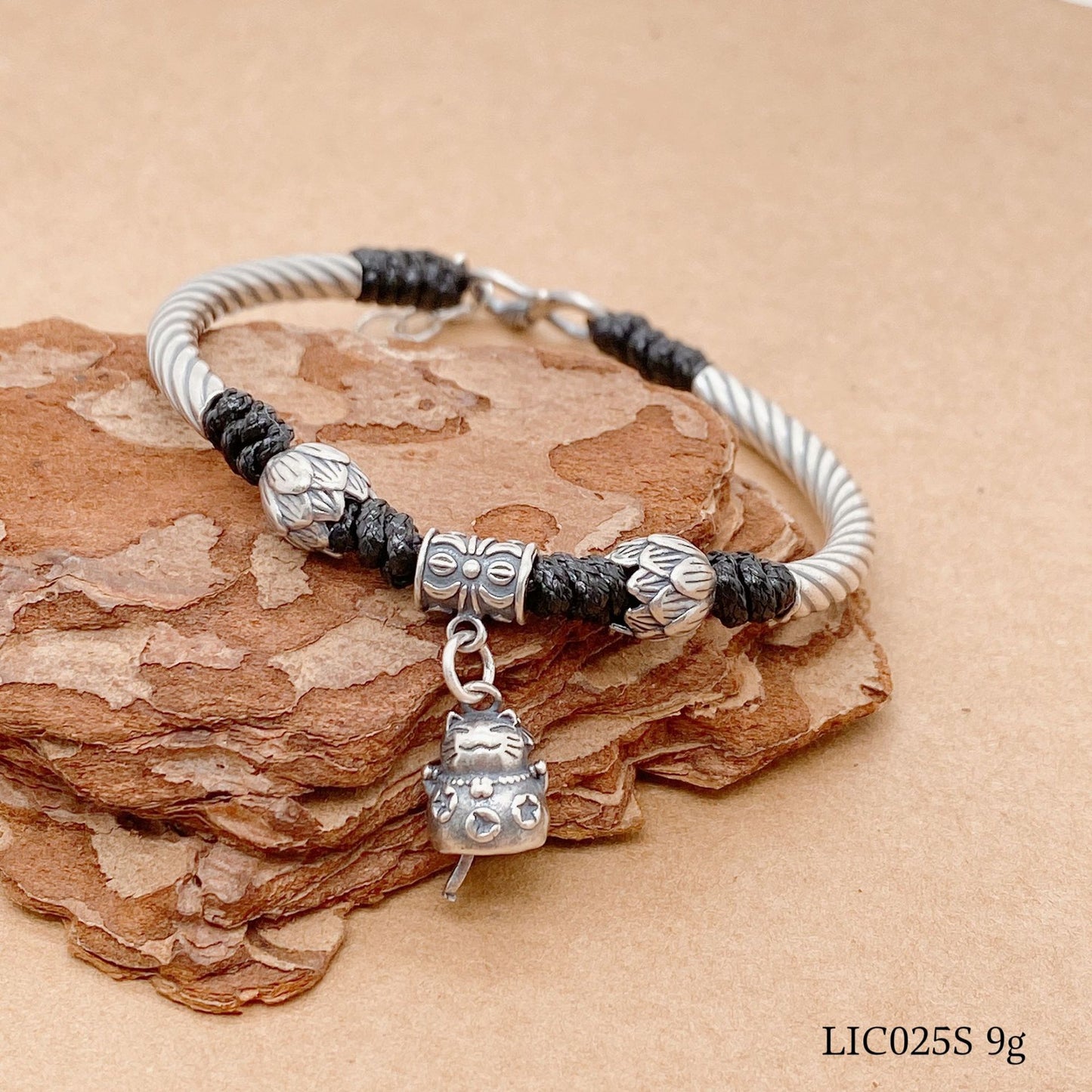 Chinese style lotus cat sterling silver bracelet