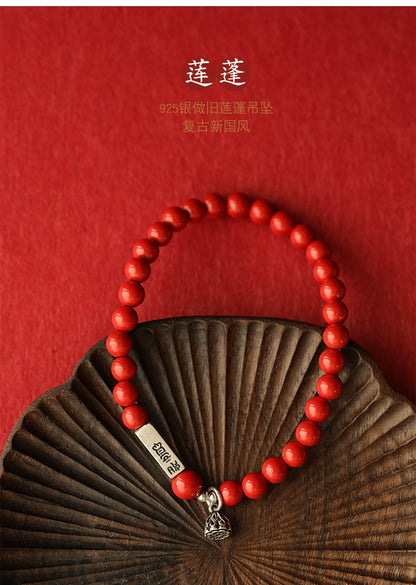 Retro New Chinese Style Cinnabar Red Sand Bracelet Pure Silver Ruyi Lotus Bracelet Women's