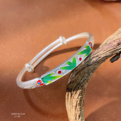 Ancient Peony Enamel Sterling Silver Bracelet