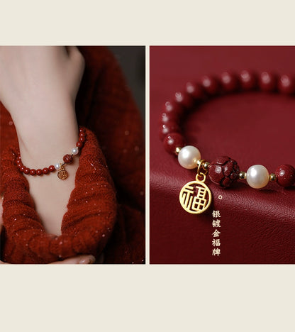 Retro Chinese style cinnabar pearl lotus bracelet