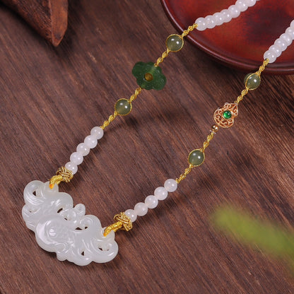 Chinese style Hetian jade old material Phoenix necklace