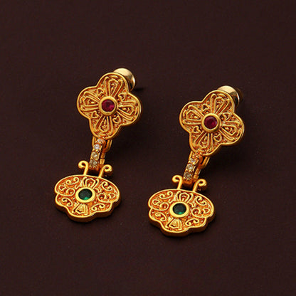 102-Chinese style retro four-leaf clover zircon earrings