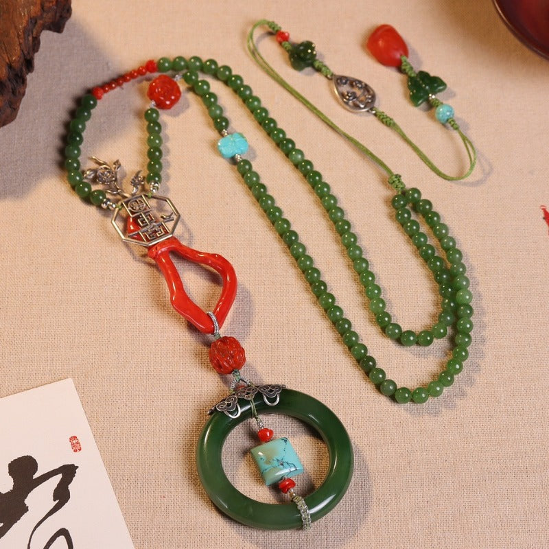 Chinese style 18k buckle tower green jasper necklace